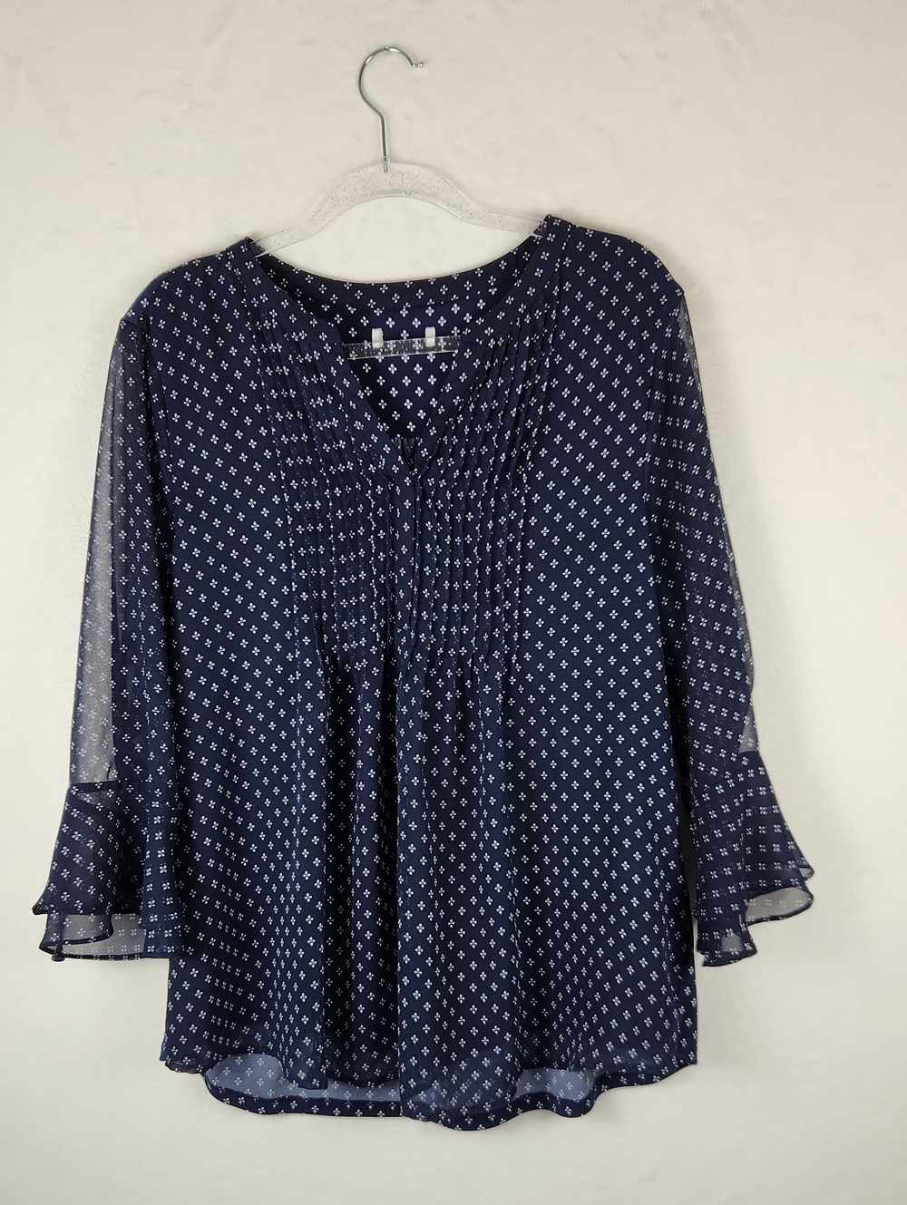 Charter Club Navy Blouse with White Micro-Print